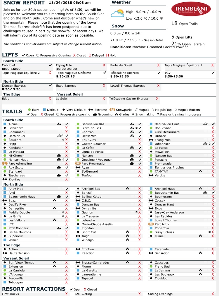 Archival Copy of Official Open Trails,<br />Grooming, Snowmaking, Lift Status and Mountain Conditions Courtesy of Tremblant.ca