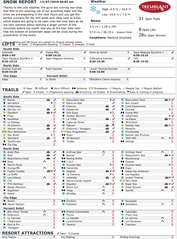 Archival Copy of Official Open Trails,<br />Grooming, Snowmaking, Lift Status and Mountain Conditions Courtesy of Tremblant.ca