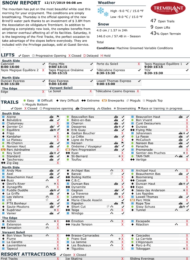 Archival Copy of Official Open Trails,<br />Grooming, Snowmaking, Lift Status and Mountain Conditions Courtesy of Tremblant.ca