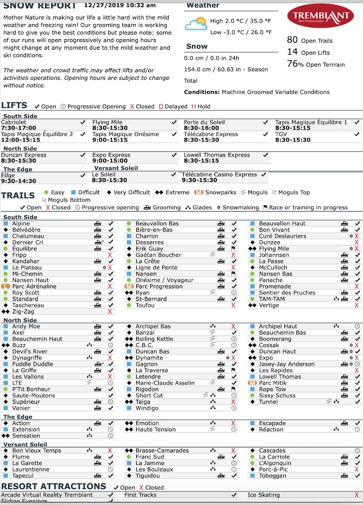 Archival Copy of Official Open Trails,<br />Grooming, Snowmaking, Lift Status and Mountain Conditions Courtesy of Tremblant.ca
