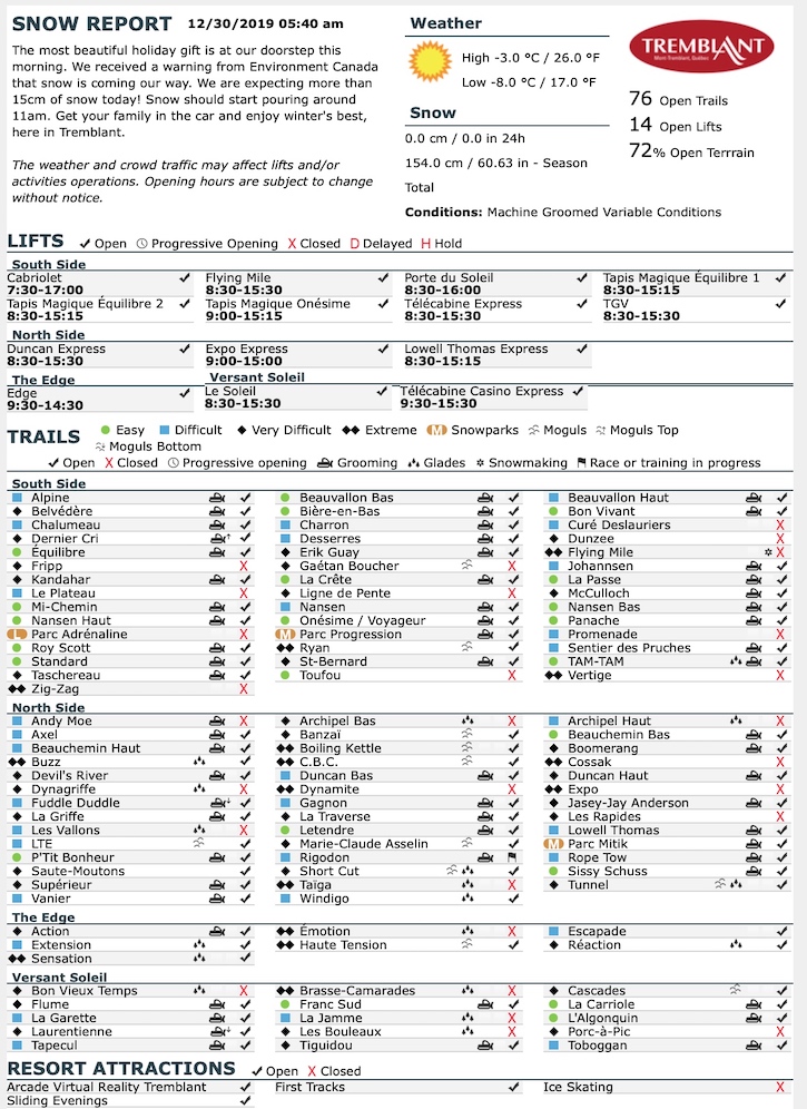 Archival Copy of Official Open Trails,<br />Grooming, Snowmaking, Lift Status and Mountain Conditions Courtesy of Tremblant.ca