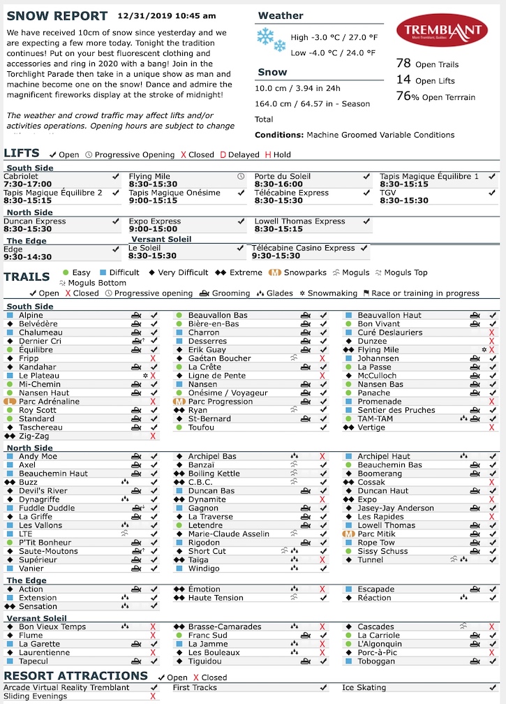 Archival Copy of Official Open Trails,<br />Grooming, Snowmaking, Lift Status and Mountain Conditions Courtesy of Tremblant.ca