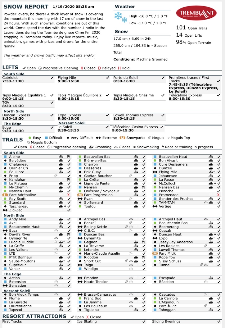 Archival Copy of Official Open Trails,<br />Grooming, Snowmaking, Lift Status and Mountain Conditions Courtesy of Tremblant.ca