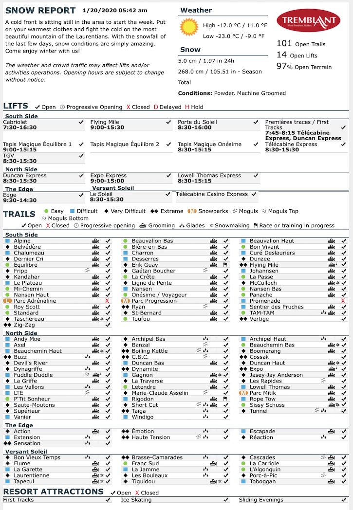 Archival Copy of Official Open Trails,<br />Grooming, Snowmaking, Lift Status and Mountain Conditions Courtesy of Tremblant.ca