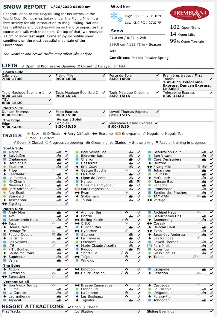 Archival Copy of Official Open Trails,<br />Grooming, Snowmaking, Lift Status and Mountain Conditions Courtesy of Tremblant.ca