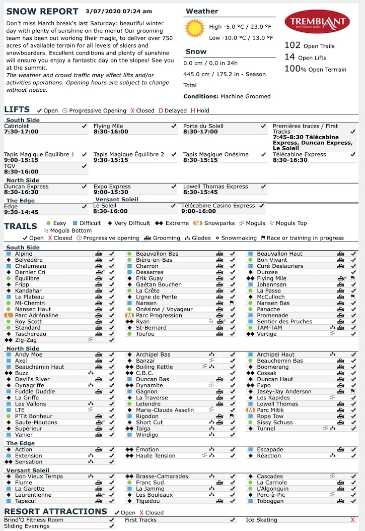 Archival Copy of Official Open Trails,<br />Grooming, Snowmaking, Lift Status and Mountain Conditions Courtesy of Tremblant.ca