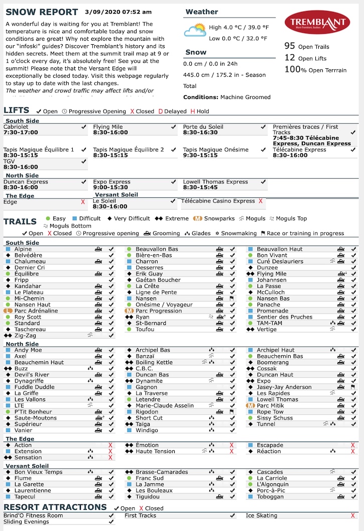 Archival Copy of Official Open Trails,<br />Grooming, Snowmaking, Lift Status and Mountain Conditions Courtesy of Tremblant.ca