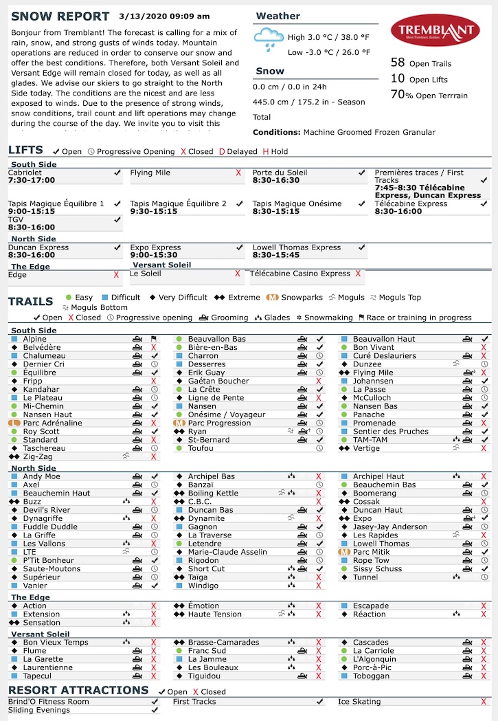 Archival Copy of Official Open Trails,<br />Grooming, Snowmaking, Lift Status and Mountain Conditions Courtesy of Tremblant.ca