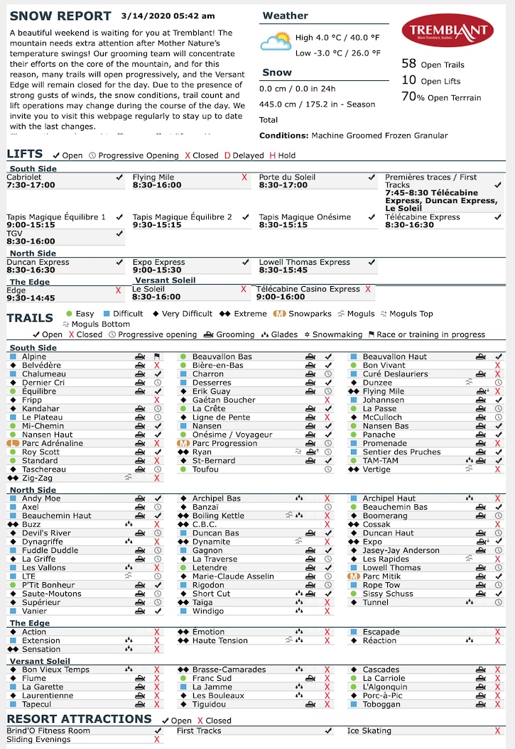 Archival Copy of Official Open Trails,<br />Grooming, Snowmaking, Lift Status and Mountain Conditions Courtesy of Tremblant.ca