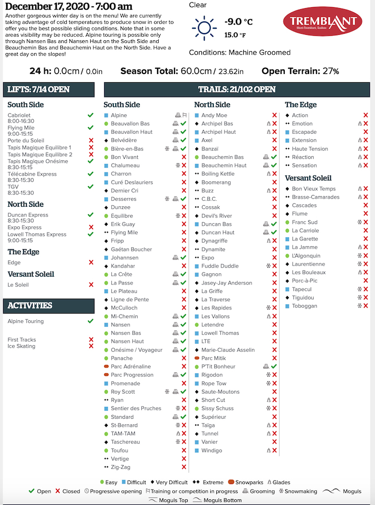 Archival Copy of Official Open Trails, Grooming, Snowmaking, Lift Status<br />and Mountain Conditions Courtesy of Tremblant.ca