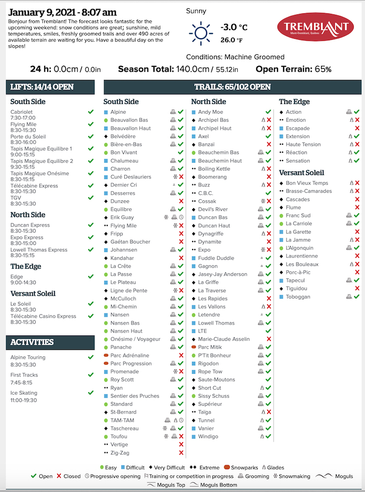 Archival Copy of Official Open Trails,<br />Grooming, Snowmaking,<br />Lift Status and Mountain Conditions Courtesy of Tremblant.ca