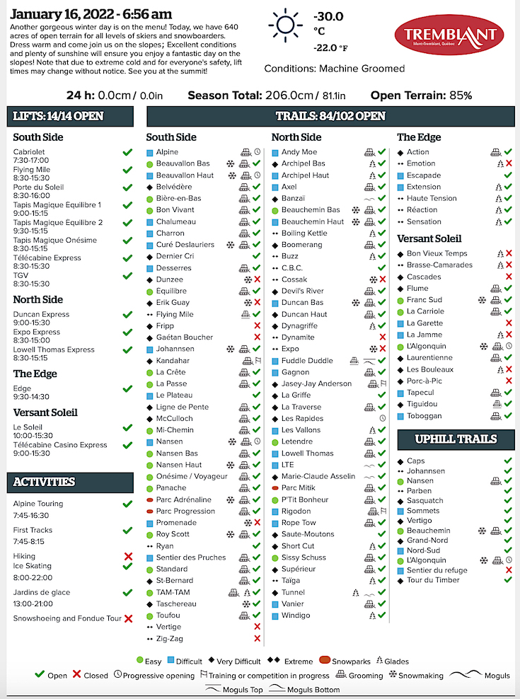 Archival Copy of Official Open Trails,<br />Grooming, Snowmaking, Lift Status and Mountain Conditions Courtesy of Tremblant.ca