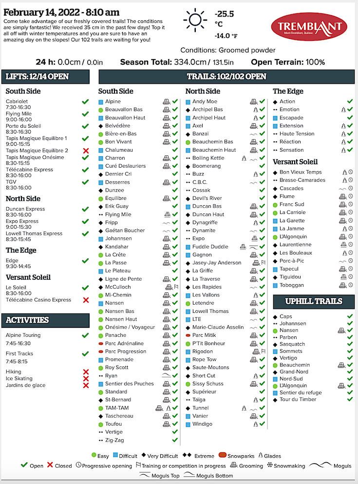 Archival Copy of Official Open Trails,<br />Grooming, Snowmaking, Lift Status and Mountain Conditions Courtesy of Tremblant.ca