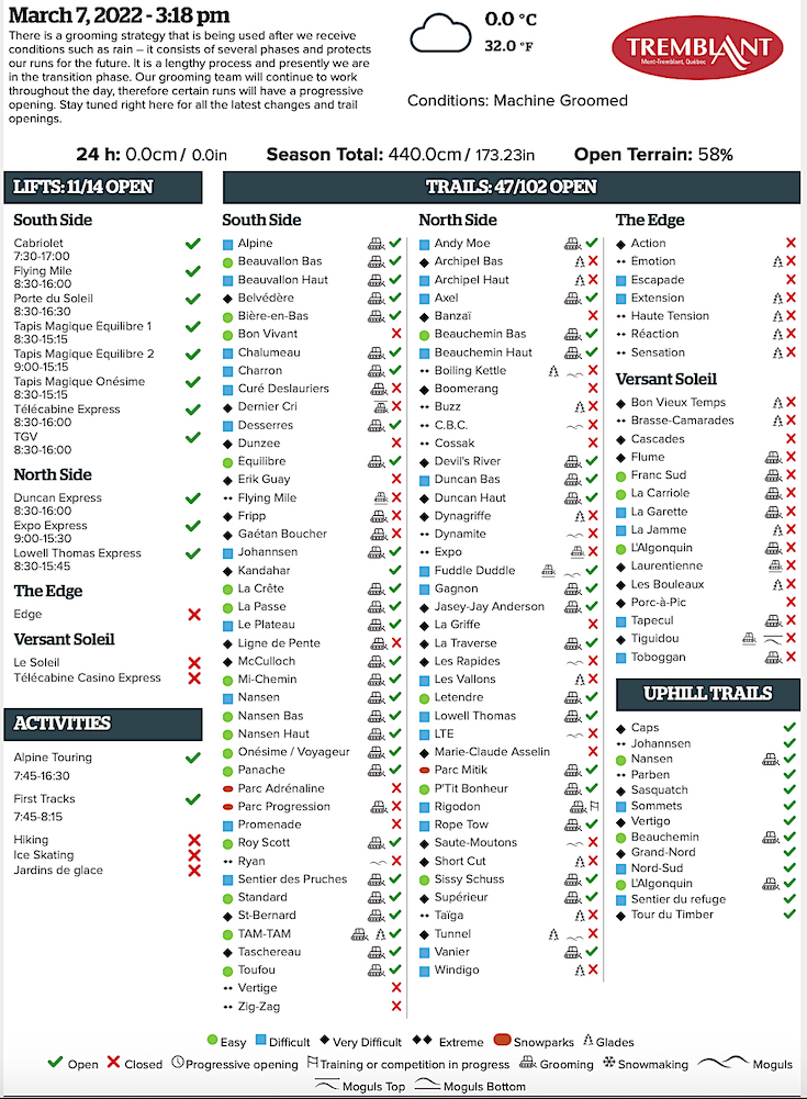 Archival Copy of Official Open Trails,<br />Grooming, Snowmaking, Lift Status and Mountain Conditions Courtesy of Tremblant.ca
