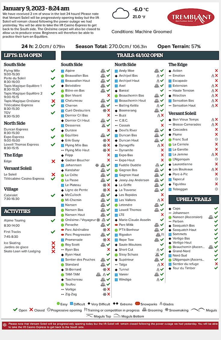 Archival Copy of Official Open Trails,<br />Grooming, Snowmaking, Lift Status and Mountain Conditions Courtesy of Tremblant.ca