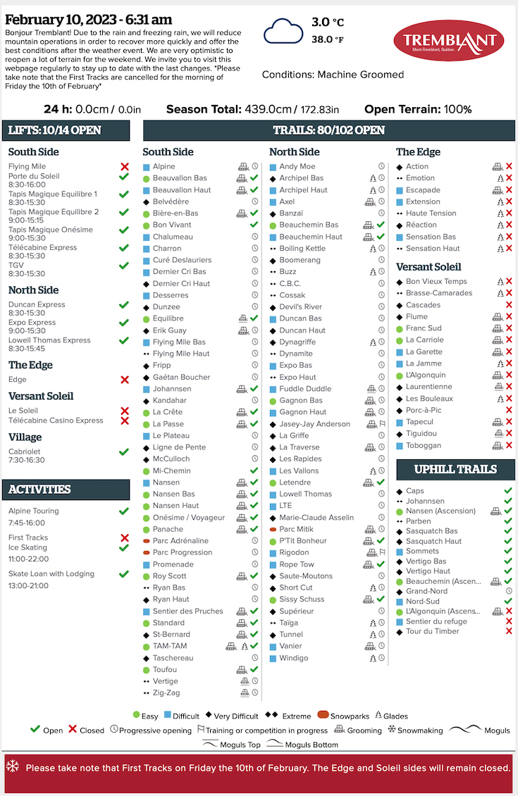 Archival Copy of Official Open Trails,<br />Grooming, Snowmaking, Lift Status and Mountain Conditions Courtesy of Tremblant.ca