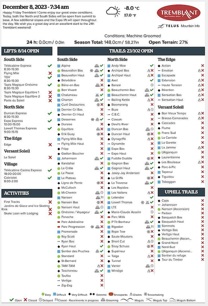 Archival Copy of Official Open<br />Trails, Grooming, Snowmaking, Lift Status and Mountain Conditions Courtesy of Tremblant.ca