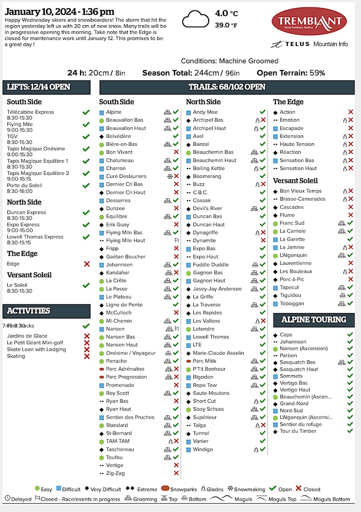 Archival Copy of Official Open<br />Trails, Grooming, Snowmaking, Lift Status and Mountain Conditions Courtesy of Tremblant.ca