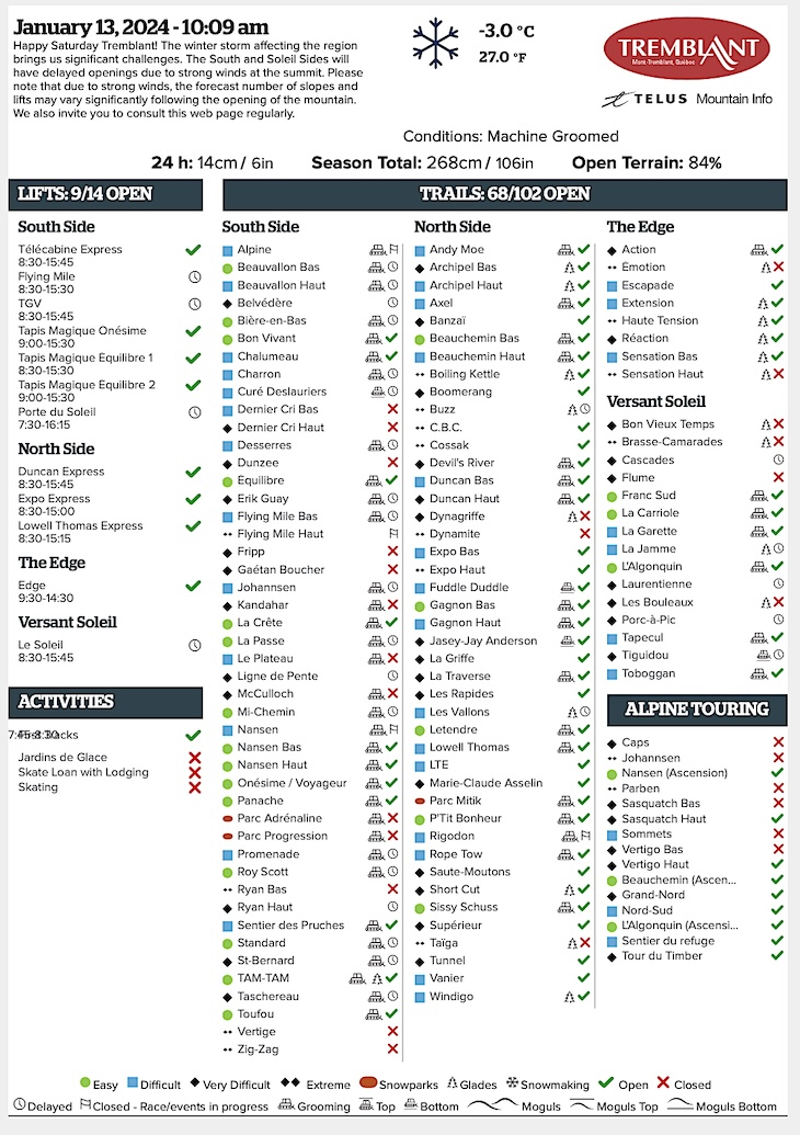 Archival Copy of Official Open<br />Trails, Grooming, Snowmaking, Lift Status and Mountain Conditions Courtesy of Tremblant.ca