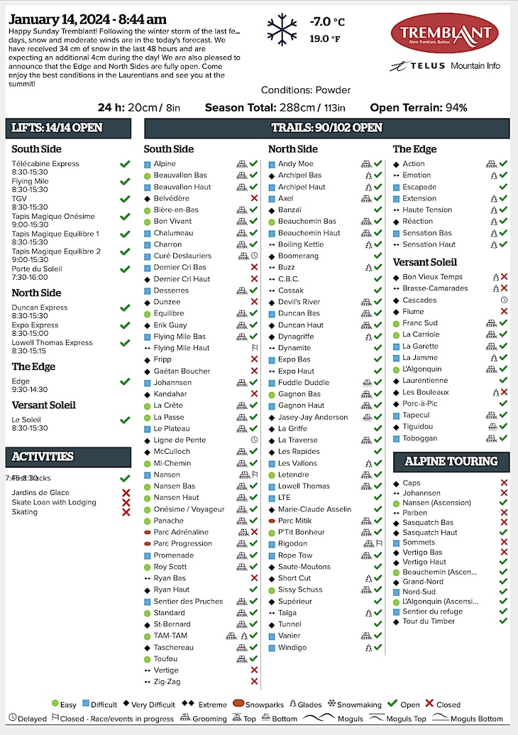 Archival Copy of Official Open<br />Trails, Grooming, Snowmaking, Lift Status and Mountain Conditions Courtesy of Tremblant.ca