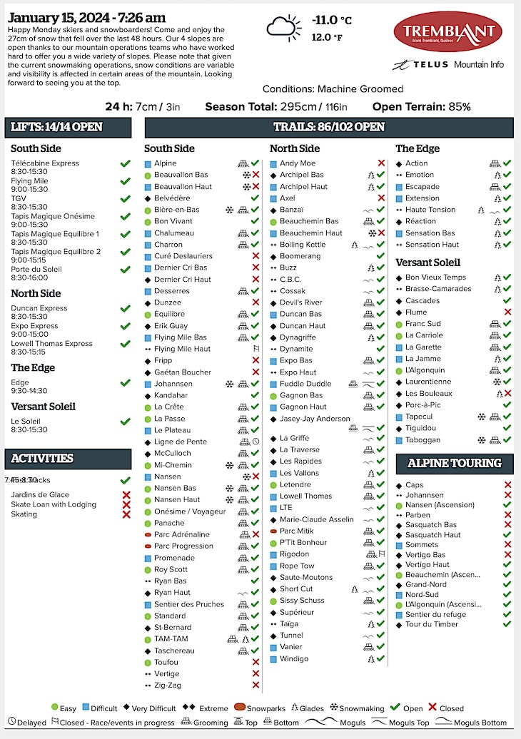 Archival Copy of Official Open<br />Trails, Grooming, Snowmaking, Lift Status and Mountain Conditions Courtesy of Tremblant.ca