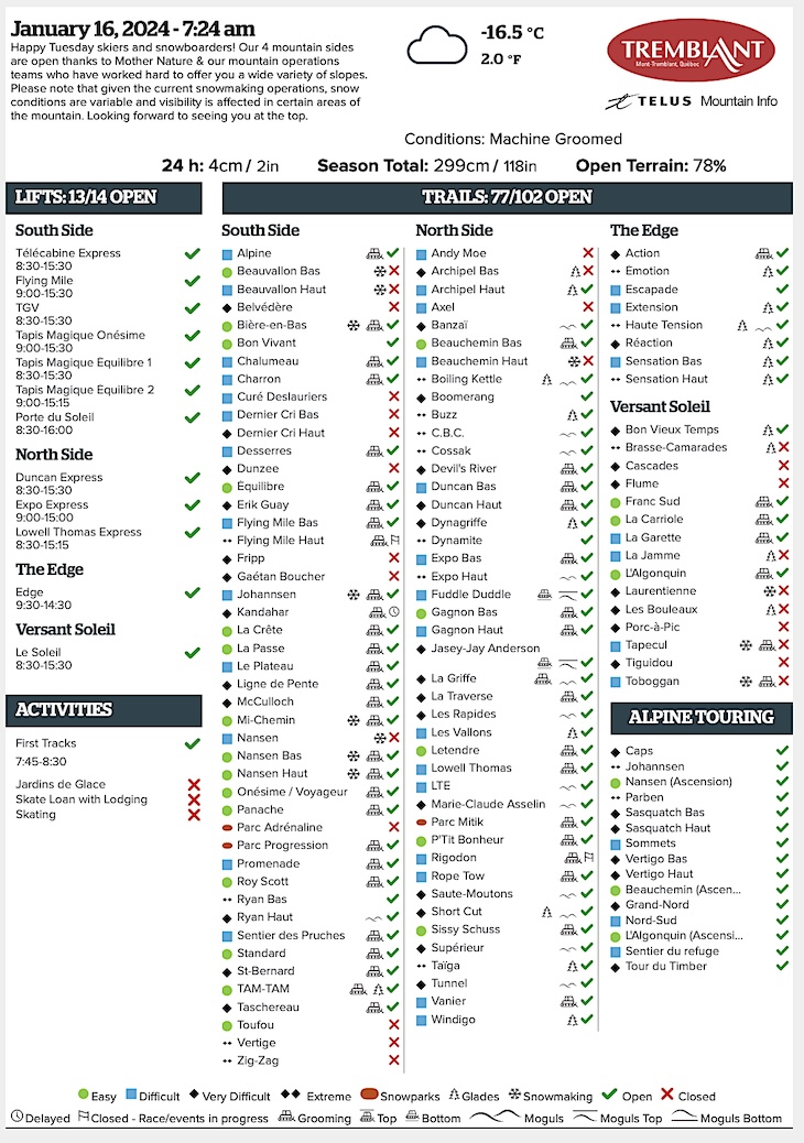 Archival Copy of Official Open<br />Trails, Grooming, Snowmaking, Lift Status and Mountain Conditions Courtesy of Tremblant.ca