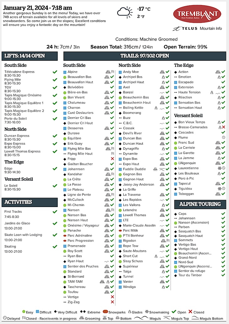 Archival Copy of Official Open<br />Trails, Grooming, Snowmaking, Lift Status and Mountain Conditions Courtesy of Tremblant.ca