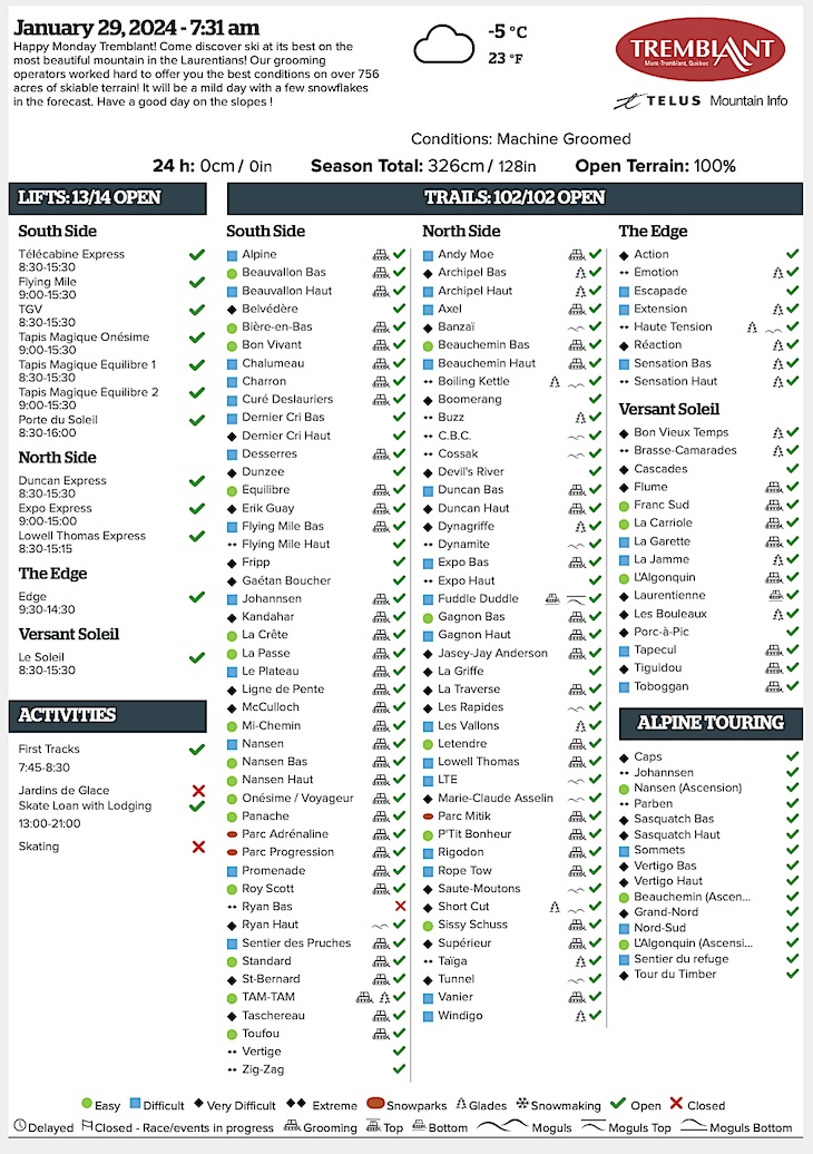 Archival Copy of Official Open<br />Trails, Grooming, Snowmaking, Lift Status and Mountain Conditions Courtesy of Tremblant.ca