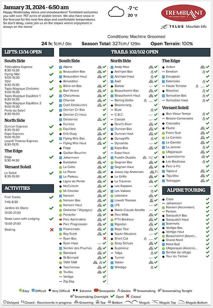 Archival Copy of Official Open<br />Trails, Grooming, Snowmaking, Lift Status and Mountain Conditions Courtesy of Tremblant.ca