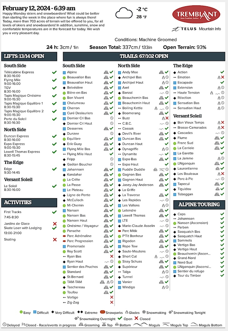 Archival Copy of Official Open<br />Trails, Grooming, Snowmaking, Lift Status and Mountain Conditions Courtesy of Tremblant.ca