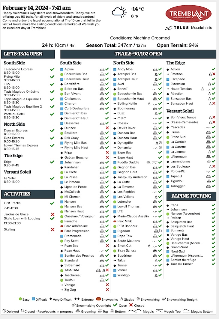 Archival Copy of Official Open<br />Trails, Grooming, Snowmaking, Lift Status and Mountain Conditions Courtesy of Tremblant.ca