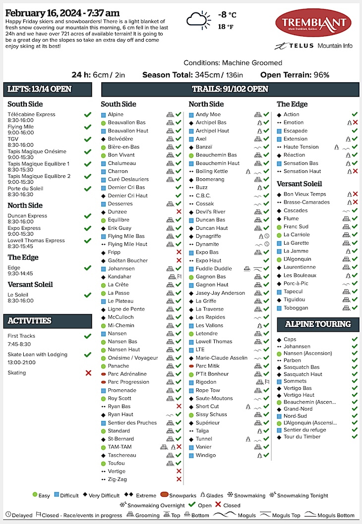 Archival Copy of Official Open<br />Trails, Grooming, Snowmaking, Lift Status and Mountain Conditions Courtesy of Tremblant.ca