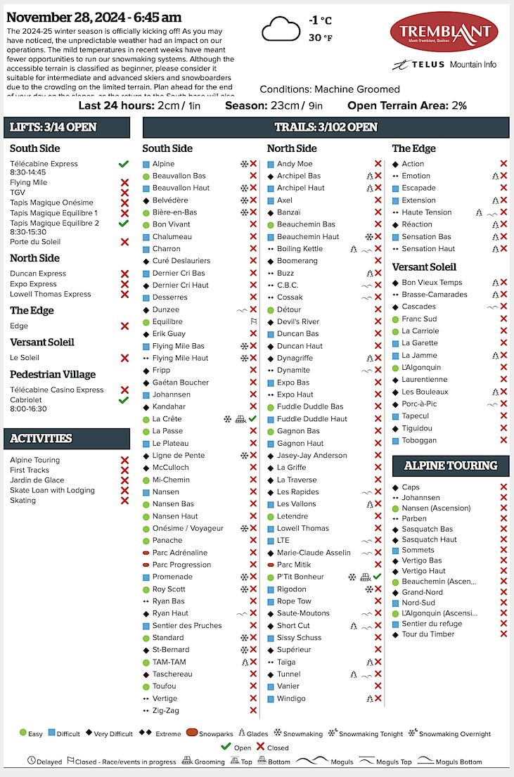 Archival Copy of Official Open<br />Trails, Grooming, Snowmaking, Lift Status and Mountain Conditions Courtesy of Tremblant.ca