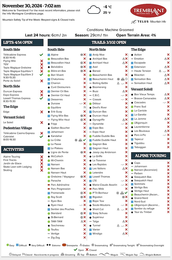 Archival Copy of Official Open<br />Trails, Grooming, Snowmaking, Lift Status and Mountain Conditions Courtesy of Tremblant.ca