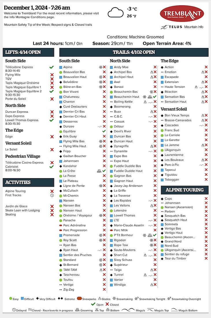 Archival Copy of Official Open<br />Trails, Grooming, Snowmaking, Lift Status and Mountain Conditions Courtesy of Tremblant.ca