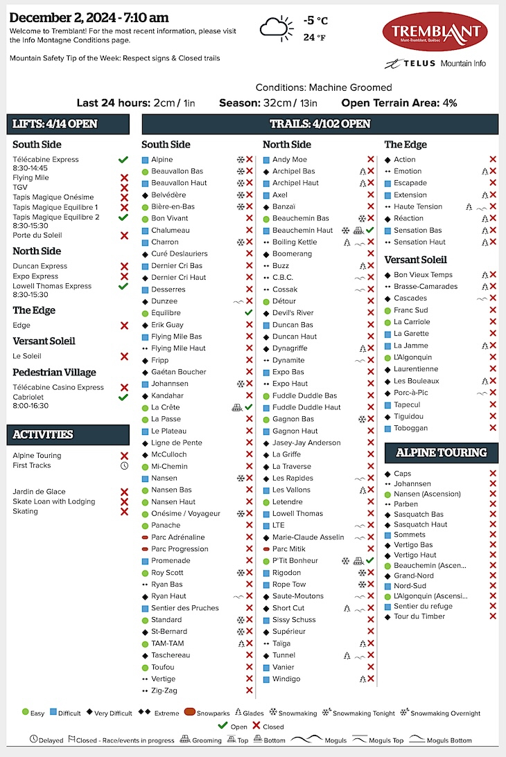 Archival Copy of Official Open<br />Trails, Grooming, Snowmaking, Lift Status and Mountain Conditions Courtesy of Tremblant.ca