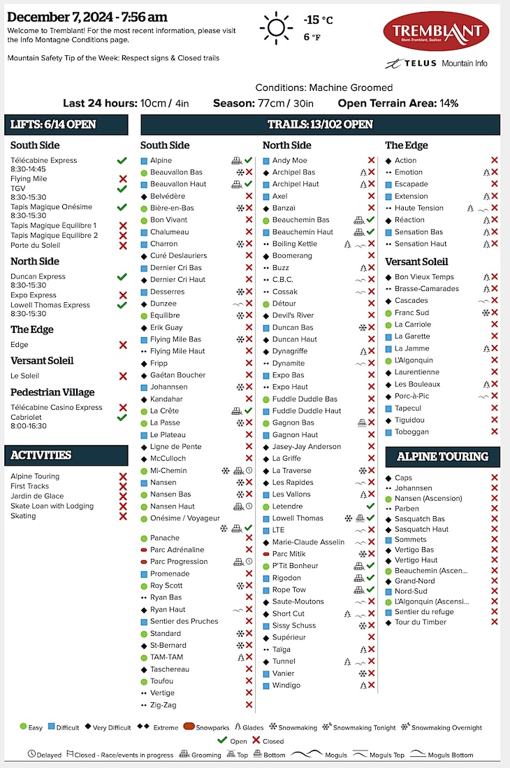 Archival Copy of Official Open<br />Trails, Grooming, Snowmaking, Lift Status and Mountain Conditions Courtesy of Tremblant.ca
