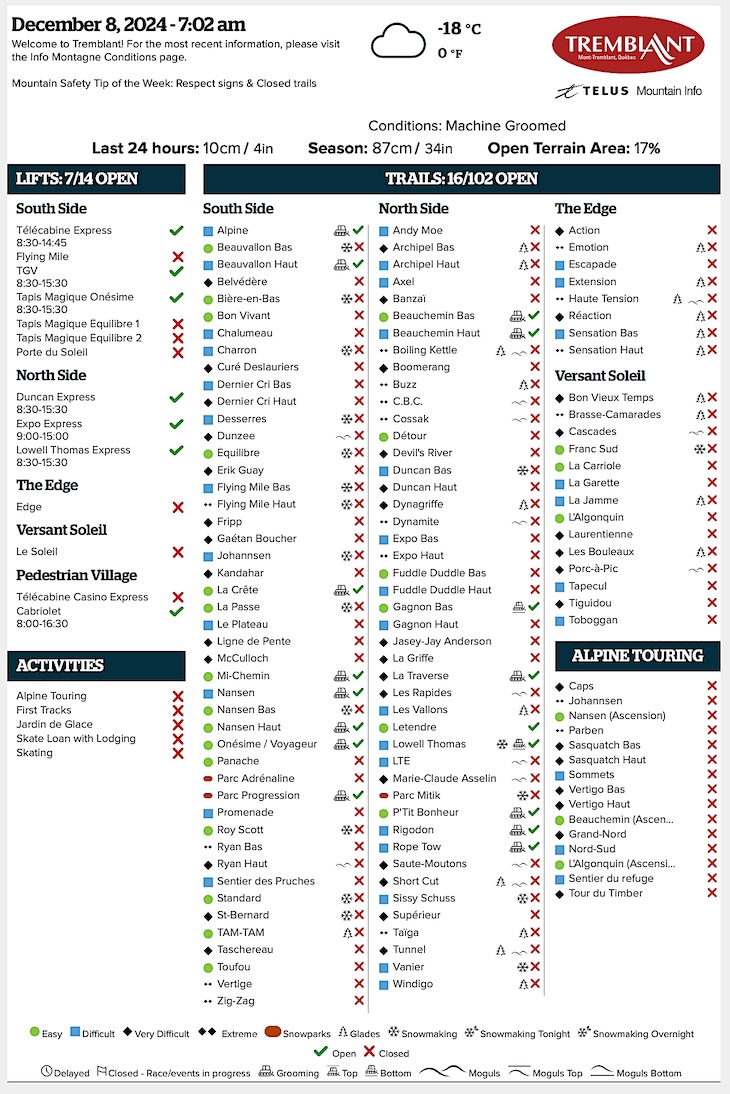 Archival Copy of Official Open<br />Trails, Grooming, Snowmaking, Lift Status and Mountain Conditions Courtesy of Tremblant.ca