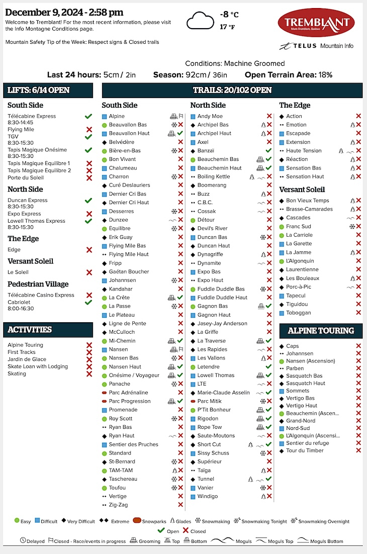 Archival Copy of Official Open<br />Trails, Grooming, Snowmaking, Lift Status and Mountain Conditions Courtesy of Tremblant.ca
