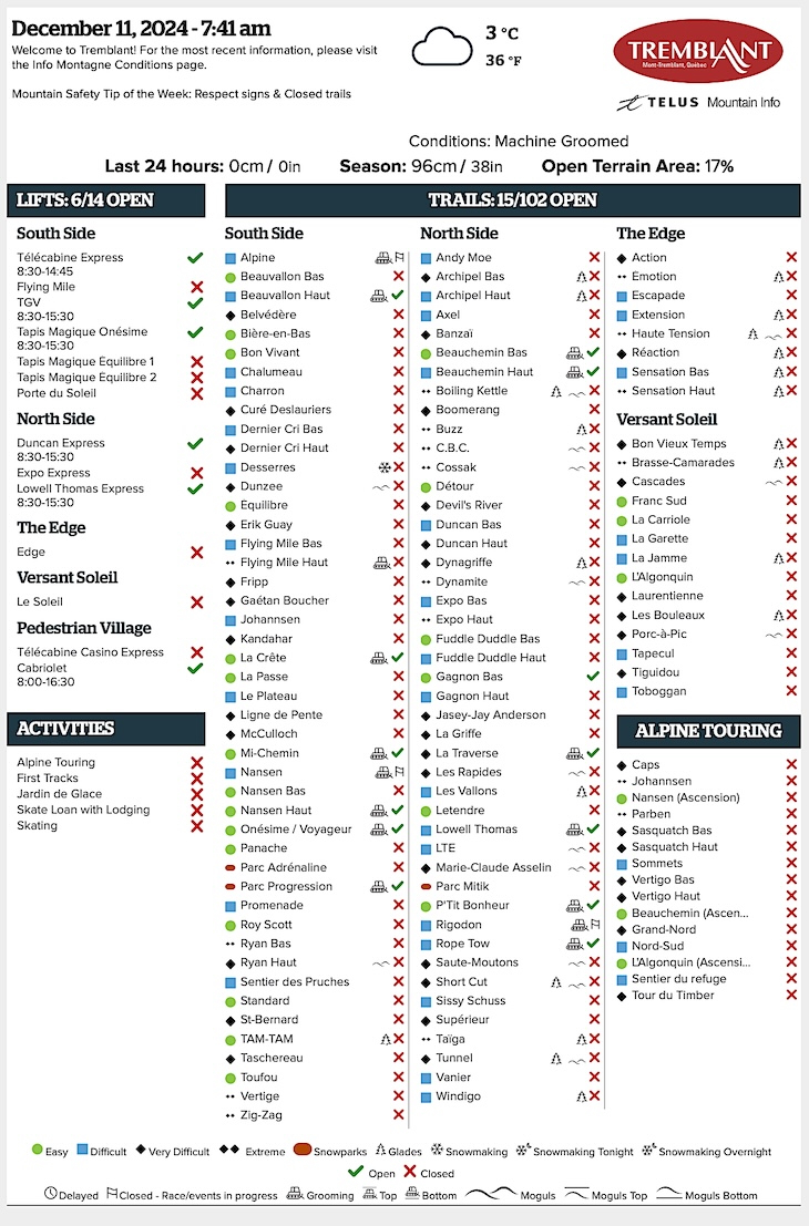 Archival Copy of Official Open<br />Trails, Grooming, Snowmaking, Lift Status and Mountain Conditions Courtesy of Tremblant.ca