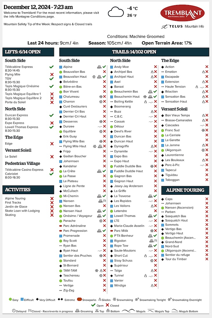 Archival Copy of Official Open<br />Trails, Grooming, Snowmaking, Lift Status and Mountain Conditions Courtesy of Tremblant.ca