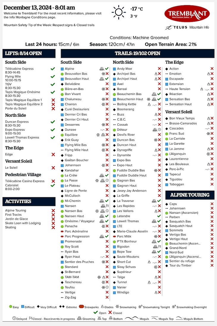 Archival Copy of Official Open<br />Trails, Grooming, Snowmaking, Lift Status and Mountain Conditions Courtesy of Tremblant.ca