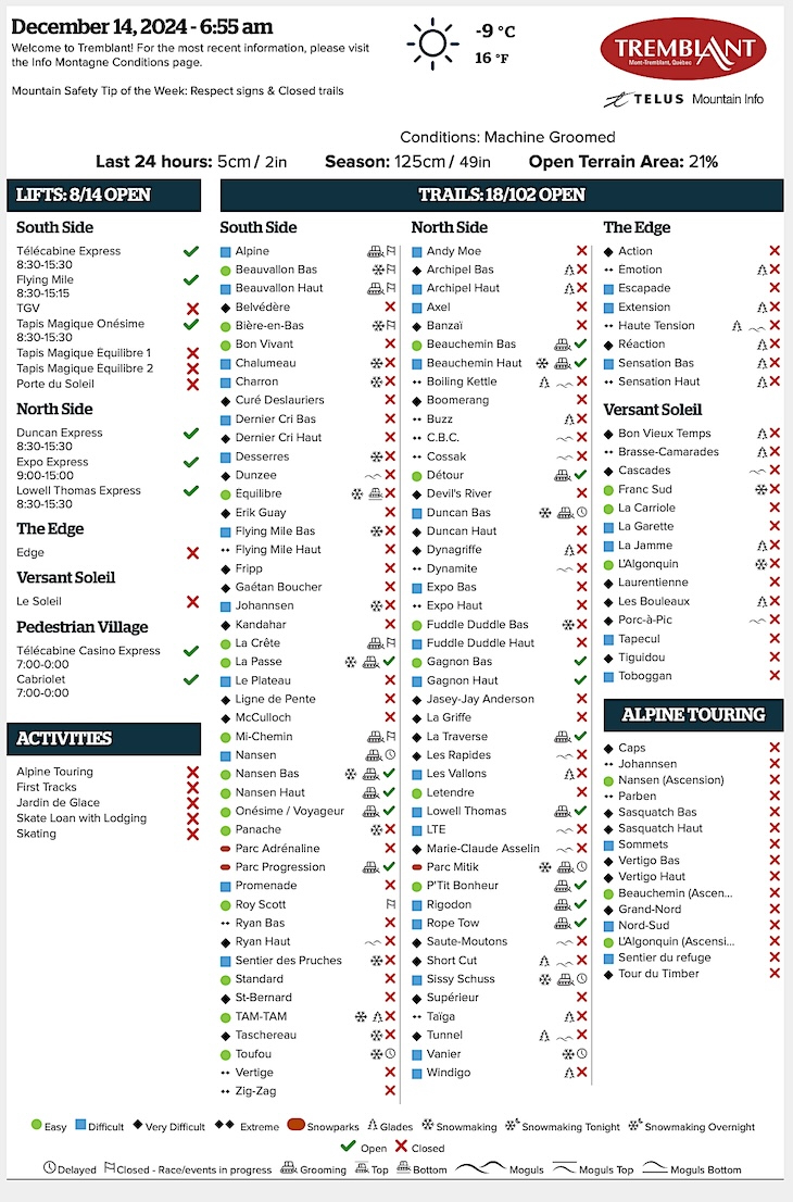 Archival Copy of Official Open<br />Trails, Grooming, Snowmaking, Lift Status and Mountain Conditions Courtesy of Tremblant.ca