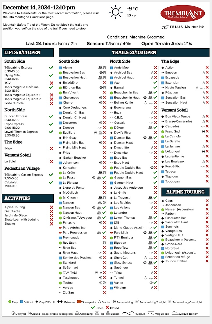 Archival Copy of Official Open<br />Trails, Grooming, Snowmaking, Lift Status and Mountain Conditions Courtesy of Tremblant.ca