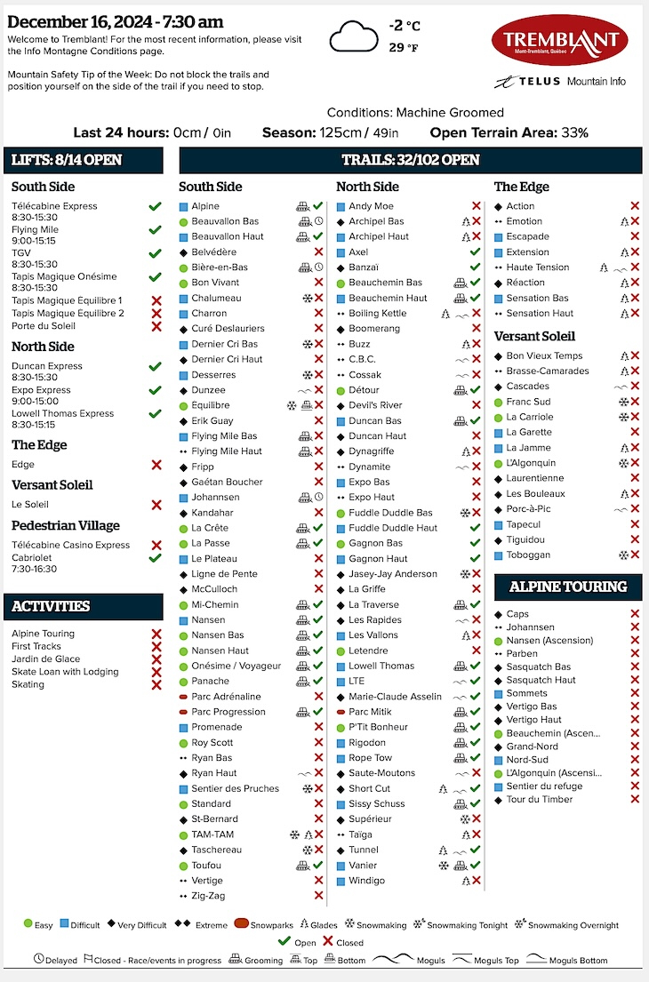 Archival Copy of Official Open<br />Trails, Grooming, Snowmaking, Lift Status and Mountain Conditions Courtesy of Tremblant.ca