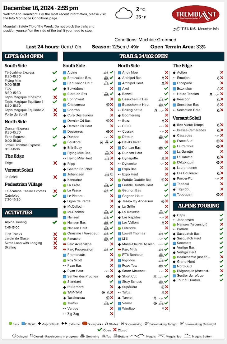 Archival Copy of Official Open<br />Trails, Grooming, Snowmaking, Lift Status and Mountain Conditions Courtesy of Tremblant.ca