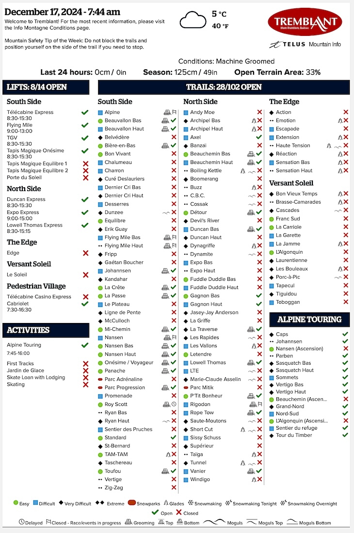 Archival Copy of Official Open<br />Trails, Grooming, Snowmaking, Lift Status and Mountain Conditions Courtesy of Tremblant.ca
