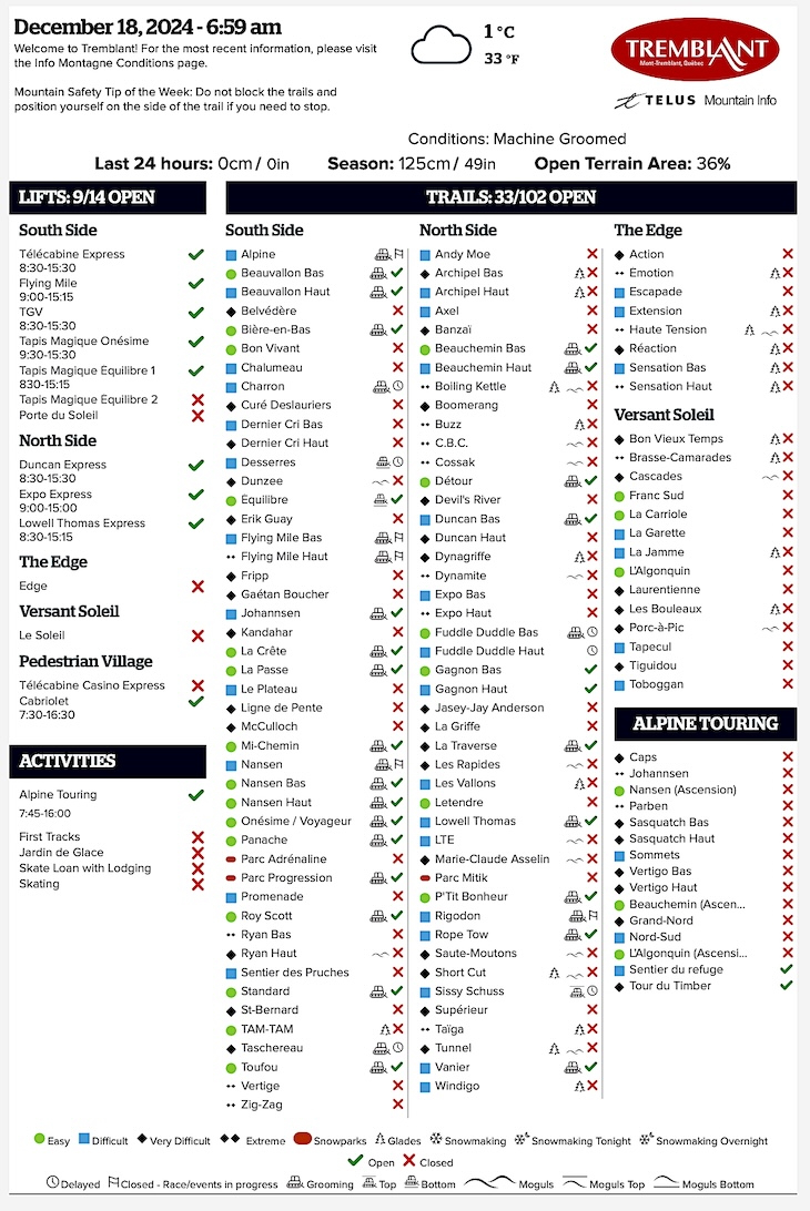 Archival Copy of Official Open<br />Trails, Grooming, Snowmaking, Lift Status and Mountain Conditions Courtesy of Tremblant.ca