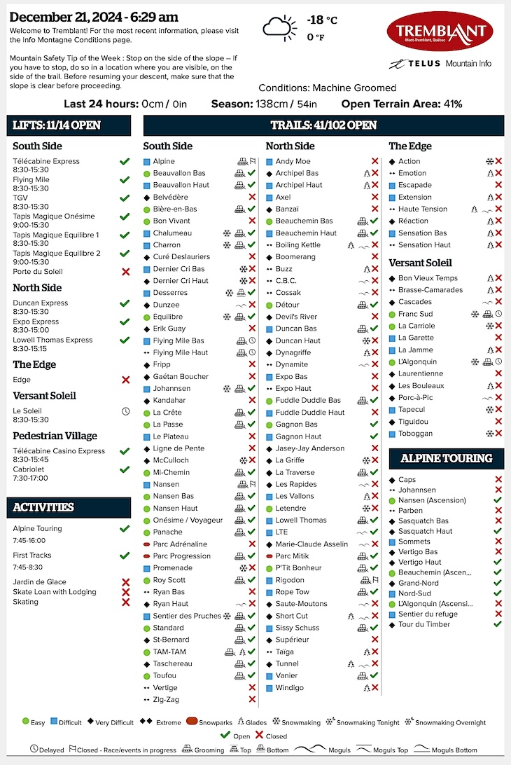 Archival Copy of Official Open<br />Trails, Grooming, Snowmaking, Lift Status and Mountain Conditions Courtesy of Tremblant.ca