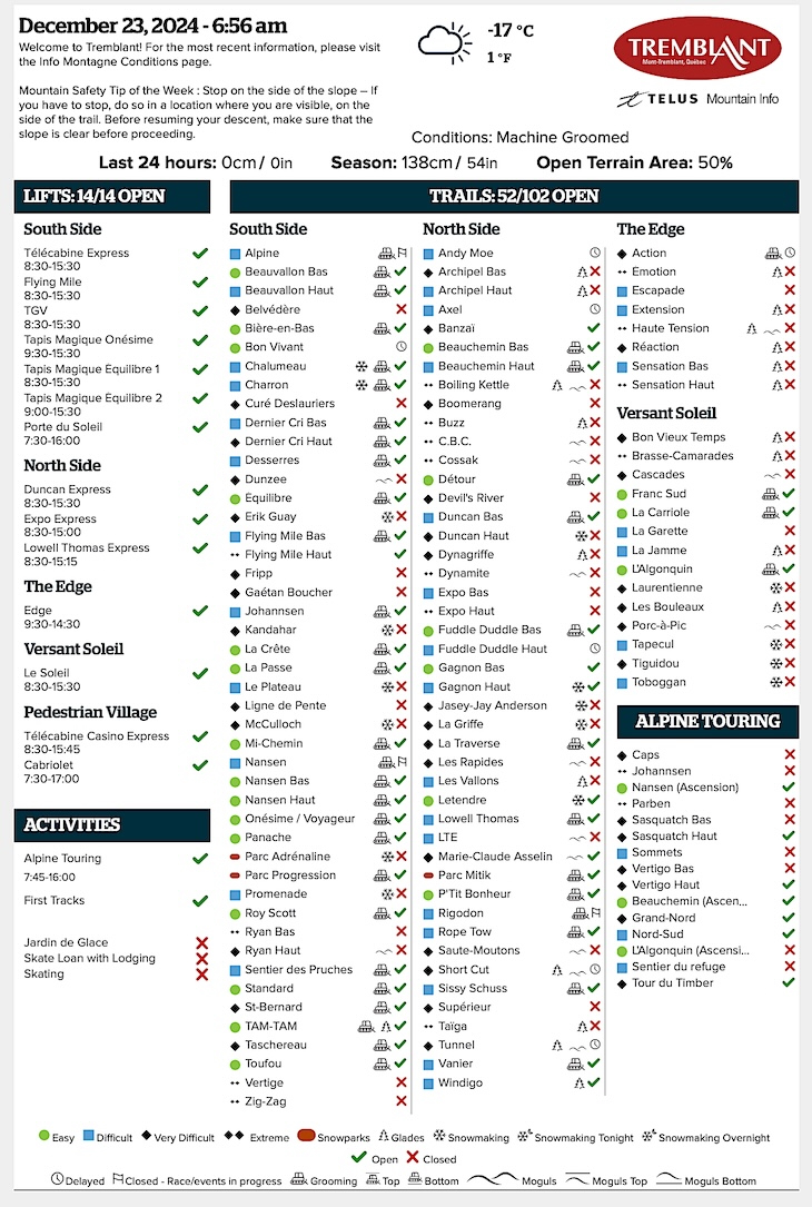 Archival Copy of Official Open<br />Trails, Grooming, Snowmaking, Lift Status and Mountain Conditions Courtesy of Tremblant.ca